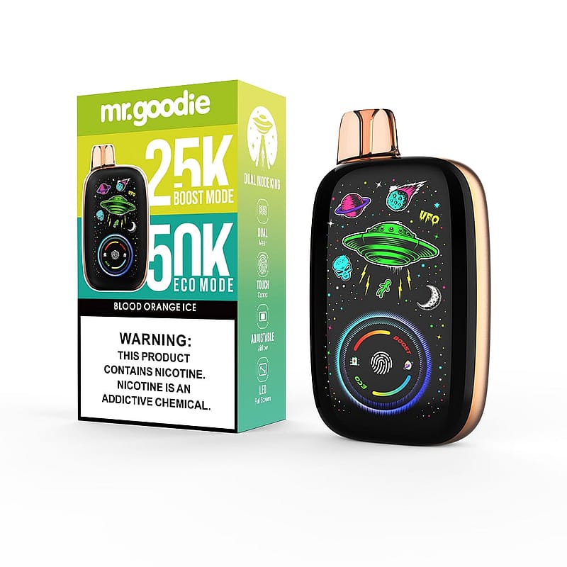 Un vaporisateur électronique Mr. Goodie avec un corps noir présentant des graphismes colorés sur le thème de l'espace, notamment des OVNI et des planètes, est présenté à côté de sa boîte d'emballage étiquetée « 25K Boost Mode » et « 50K Eco Mode » et un avertissement sur la nicotine en bas.