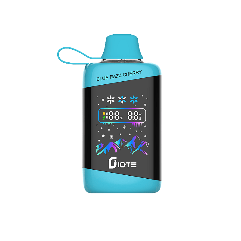 En Biote vape-enhet med en ljusblå topp märkt "Blue Razz Cherry" med en svart display som visar batteri- och wattnivåer, omgiven av snöflingaikoner och färgglad bergsgrafik.