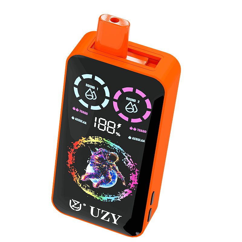 Un dispositivo electrónico de color naranja brillante que cuenta con una pantalla digital con gráficos coloridos, incluido un astronauta dentro de un diseño de salpicaduras de pintura, etiquetado como "UZY".