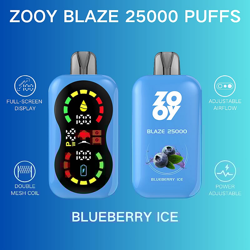 Imagen promocional del vaporizador Zooy Blaze 25000 Puffs con sabor a Blueberry Ice, que muestra una pantalla completa, flujo de aire ajustable, bobina de doble malla y configuraciones de potencia ajustables.