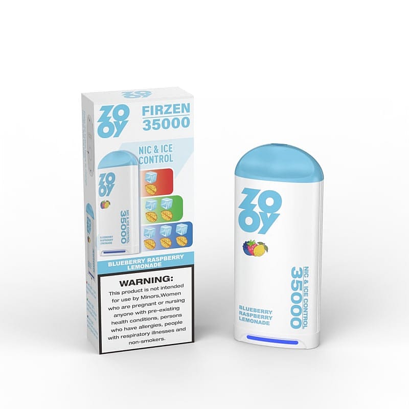 A vaping device labeled 'Zoooy Firzen 35000' with a blueberry, raspberry, and lemonade flavor next to its packaging box featuring a warning label and icons for nicotine and ice control levels.