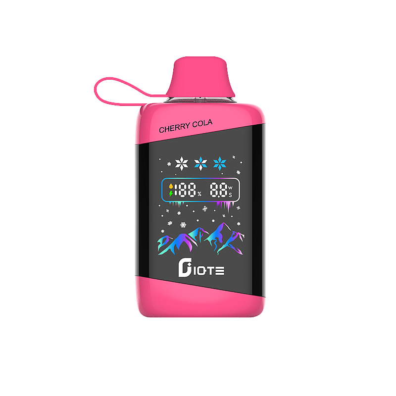 En rosa Biote vape-enhet märkt "Cherry Cola", med en digital display med grafik av berg och snöflingor.