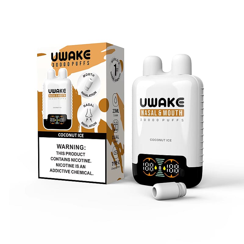 Immagine del prodotto che mostra il dispositivo per svapare UWake Nasal & Mouth al gusto di cocco ghiacciato, insieme alla confezione che ne descrive le specifiche, come 30.000 tiri, doppia modalità di inalazione e un'avvertenza sanitaria sulla dipendenza da nicotina.