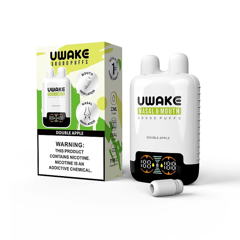 Un dispositivo per lo svapo bianco con l'etichetta "UWAKE Nasal & Mouth 30000 Puffs Double Apple" accanto alla confezione, con dettagli sul prodotto e avvertenze sulla presenza di nicotina.
