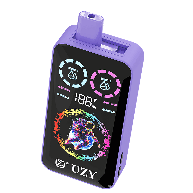 Un dispositivo electrónico de color violeta con un diseño de astronauta colorido en su pantalla, que muestra indicadores numéricos y gráficos etiquetados como 'Ronda 1' y 'Ronda 2', y el logotipo de UZY en la parte inferior.