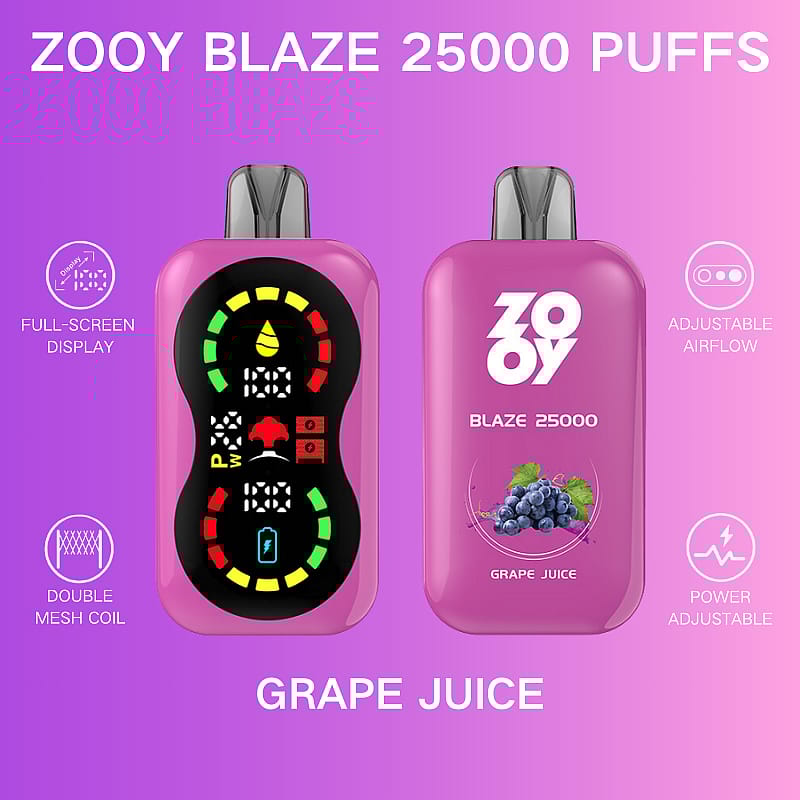 Imagen promocional del dispositivo de vapeo Zooy Blaze, con pantalla completa, flujo de aire ajustable, bobina de doble malla y sabor a jugo de uva, sobre un fondo degradado violeta.