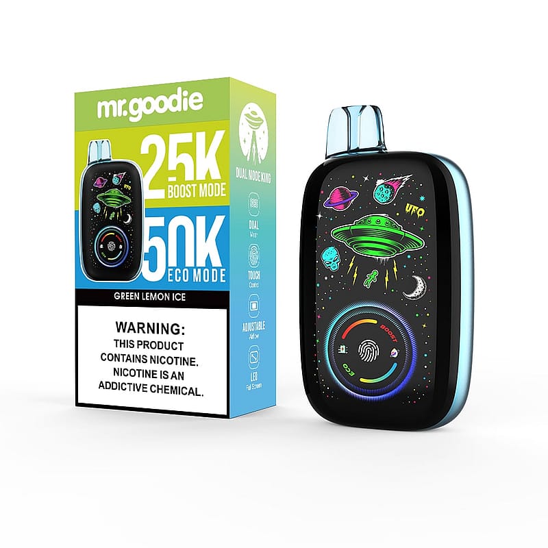 Un appareil de vapotage Mr. Goodie présentant un design coloré d'un OVNI et de planètes, à côté de son emballage qui annonce deux modes : 25K Boost et 50K Eco pour la saveur Green Lemon Ice, avec un avertissement de nicotine en bas.