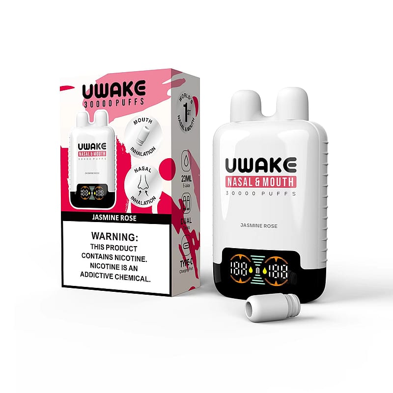 Dispositivo per lo svapo a doppia azione denominato "UWake Nasal & Mouth", con capacità di 30.000 tiri e aroma di rosa e gelsomino, oltre alla confezione che illustra le caratteristiche d'uso e l'avvertenza sulla nicotina.