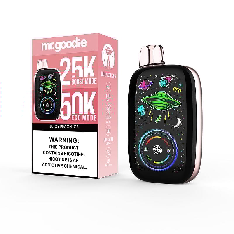 Un pack de vape Mr. Goodie comprenant un appareil en mode Boost 25k et en mode Eco 50k avec une boîte à thème rose et un design inspiré de l'espace, mettant en valeur une illustration d'OVNI vert ; comprend un avertissement sur le fait que la nicotine est un produit chimique addictif.