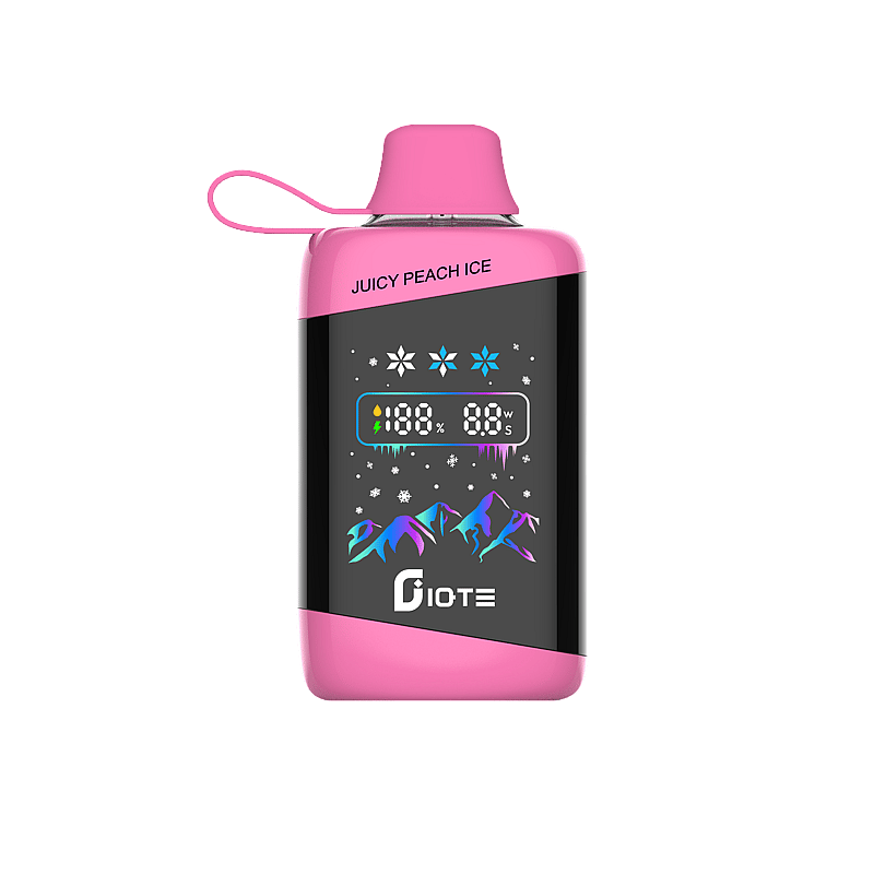 En rosa elektronisk vape-enhet märkt 'JUICY PEACH ICE' med en LED-display som visar batteri- och wattnivåer, dekorerad med snöflinga och bergsgrafik.