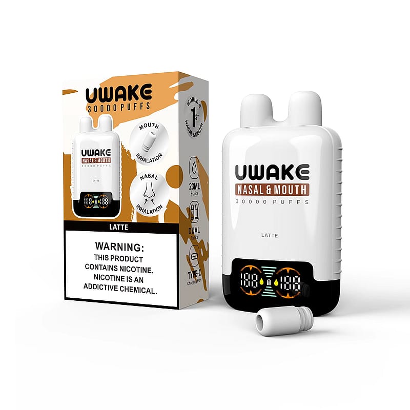 Un dispositivo per svapare UWAKE Nasal & Mouth 30000Puffs al gusto Latte, con una confezione che ne evidenzia caratteristiche quali la doppia modalità di inalazione e un'avvertenza sul contenuto di nicotina.