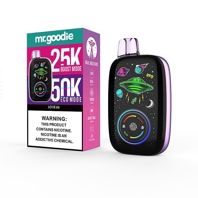 Emballage d'appareil de vapotage coloré de Mr. Goodie présentant un design spatial fantaisiste avec des OVNI et des planètes, mettant en évidence les options de mode double : mode Boost 25K et mode Eco 50K, et une étiquette d'avertissement de nicotine.