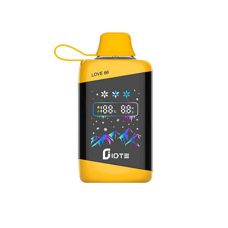 En gul elektronisk enhet märkt "LOVE 66" med en färgglad digital display som visar mätvärden och bergsgrafik, tillverkad av Giote.