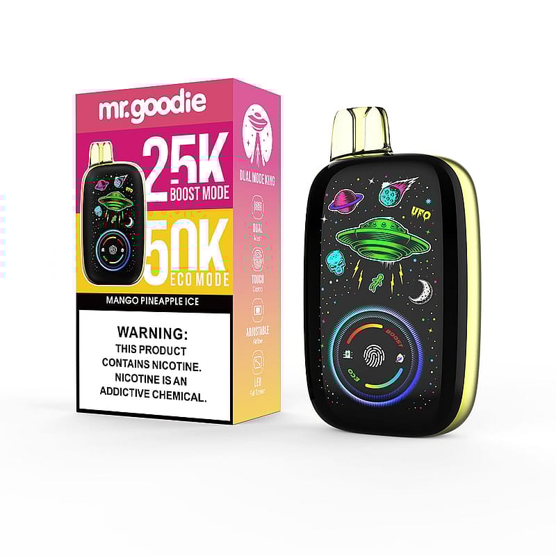 Un appareil de vapotage avec un design coloré sur le thème de l'espace avec un OVNI et des étoiles, présenté à côté de son emballage qui met en évidence les options de mode double (25K Boost et 50K Eco Mode) et les détails de saveur (« mangue ananas glace »), avec un avertissement de dépendance à la nicotine bien en évidence.