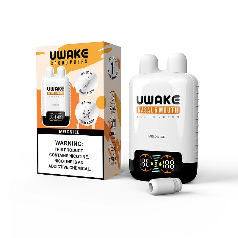 Immagine del prodotto che mostra un dispositivo per l'inalazione nasale e orale UWake Melon Ice insieme alla confezione, evidenziando caratteristiche come 30.000 tiri, doppio utilizzo e avvertenza sulla nicotina.