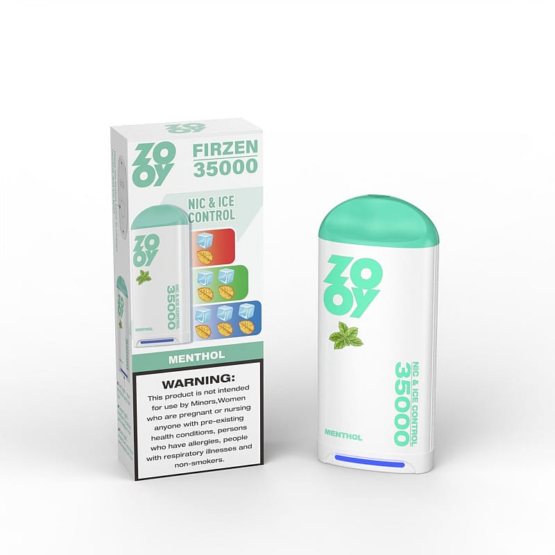 Illustration showing a menthol vaping device labeled 'Firzen 35000' alongside its packaging detailing nicotine and ice control features and a warning label about restricted use.