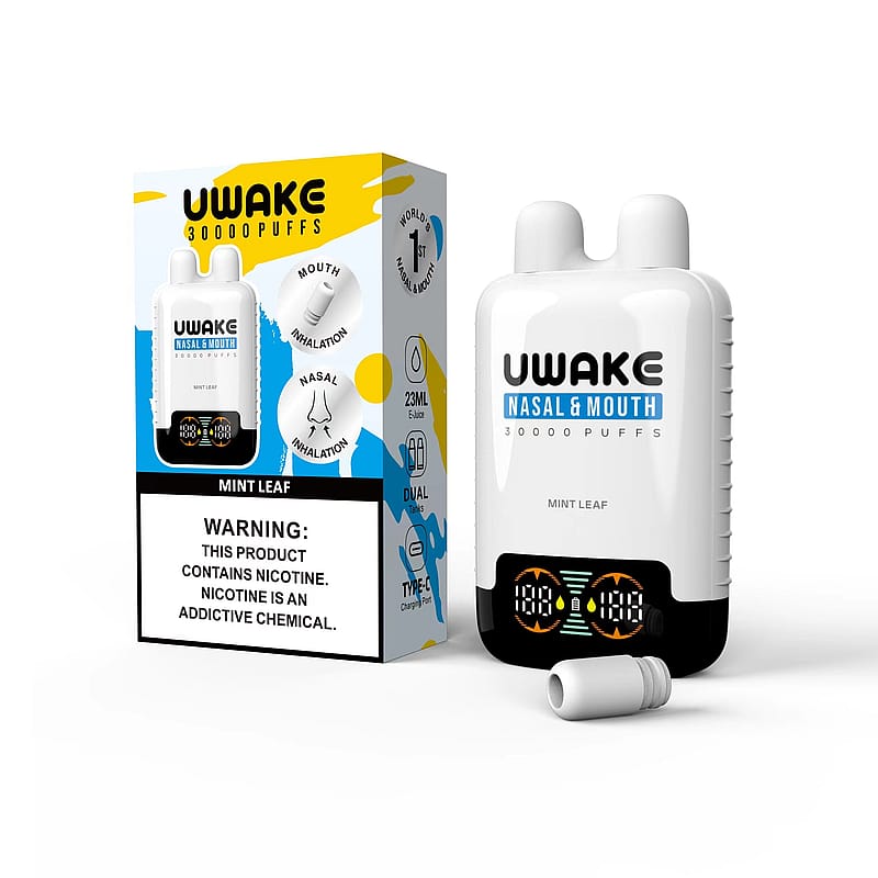 Immagine promozionale del dispositivo per lo svapo UWake Nasal & Mouth da 30.000 tiri al gusto di foglia di menta, che mostra il prodotto con dettagli sulla confezione, tra cui doppia inalazione, capacità di e-liquid da 23 ml, ricarica Type-C ed etichetta di avvertenza sulla nicotina.