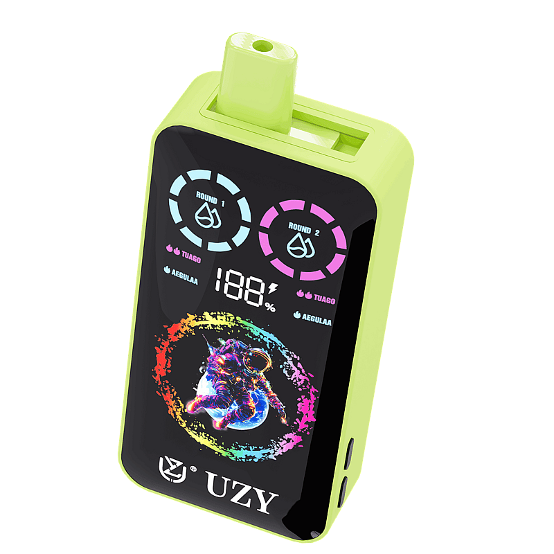 Un dispositivo electrónico verde de la marca UZY con un colorido diseño de astronauta en su frente, que muestra varios indicadores y porcentajes en una elegante pantalla digital.