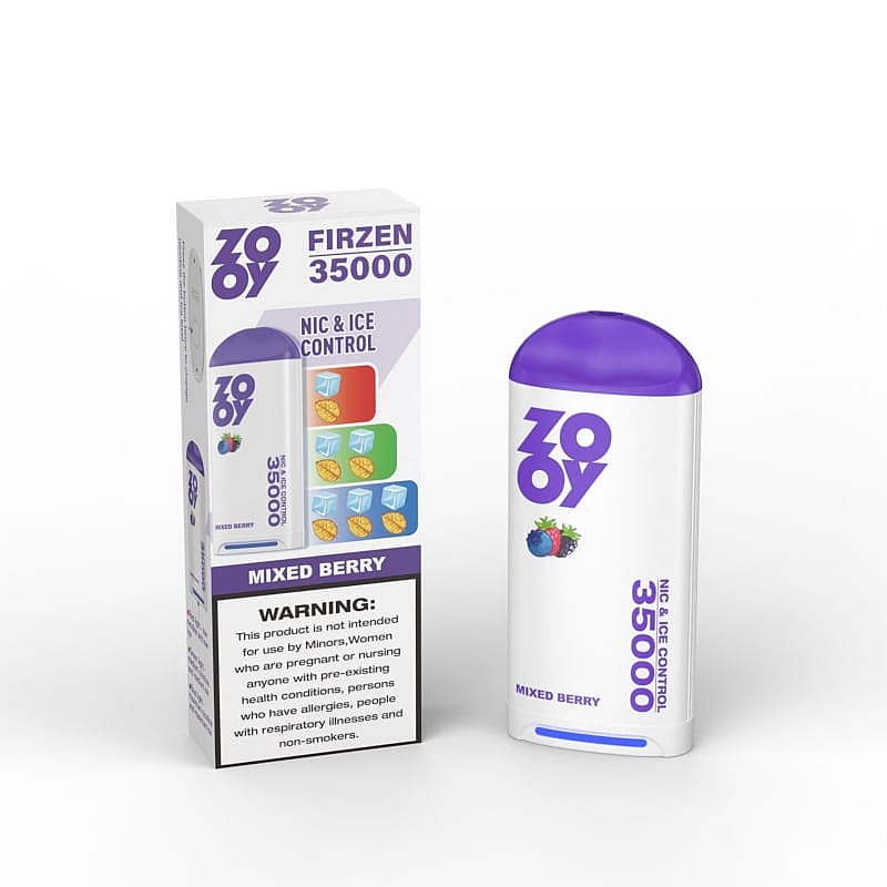 Image of a ZOY Firzen 35000 electronic nicotine device with a purple cap and mixed berry flavor packaging, alongside its branded box featuring graphics and a warning label.
