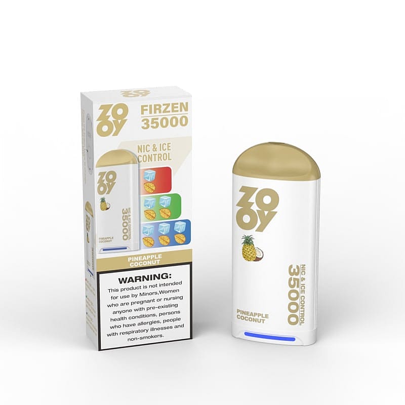 Product image of a Zoooy Firzen 35000 nicotine device in Pineapple Coconut flavor, showing the device and packaging with a warning label.