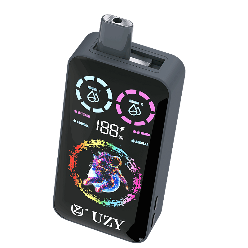 Un elegante dispositivo de vapeo negro que presenta un diseño colorido con un gráfico de un astronauta rodeado de acentos de neón vibrantes e indicadores porcentuales en la pantalla para mostrar la funcionalidad.