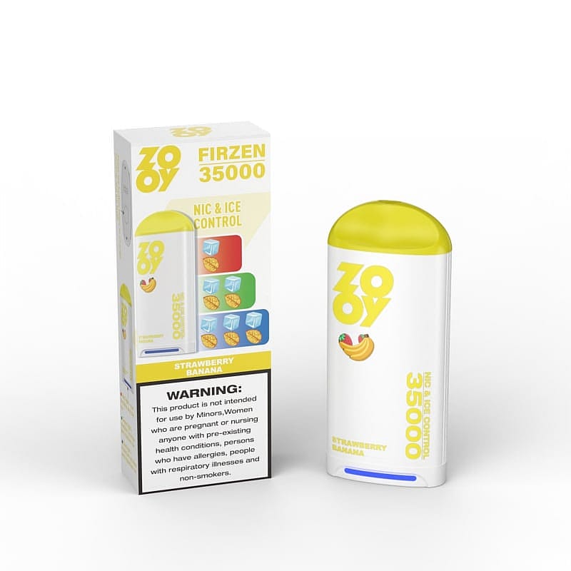 Yellow-capped vaping device labeled 'Zoooy Firzen 35000' with a strawberry banana flavor design, shown alongside its packaging that includes flavor control graphics and a health warning label.