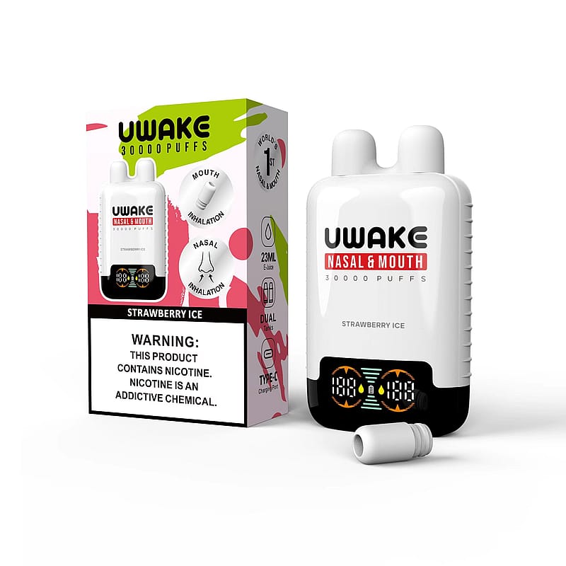 Dispositivo per lo svapo Uwake Nasal & Mouth Strawberry Ice e confezione che mostrano la doppia funzionalità di inalazione, capacità di e-liquid di 23 ml ed etichetta di avvertenza sulla nicotina.