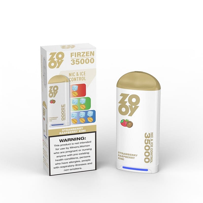 Image showing a Zooy Firzen 35000 vaping device and its packaging, labeled with a golden top, branding, and flavor details of Strawberry Raspberry Kiwi with nicotine and cooling control options.