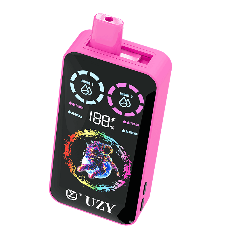 Un dispositivo electrónico de color rosa con una interfaz digital que muestra metros circulares, un valor porcentual y un gráfico colorido de un astronauta, con la marca 'UZY' en la parte inferior.