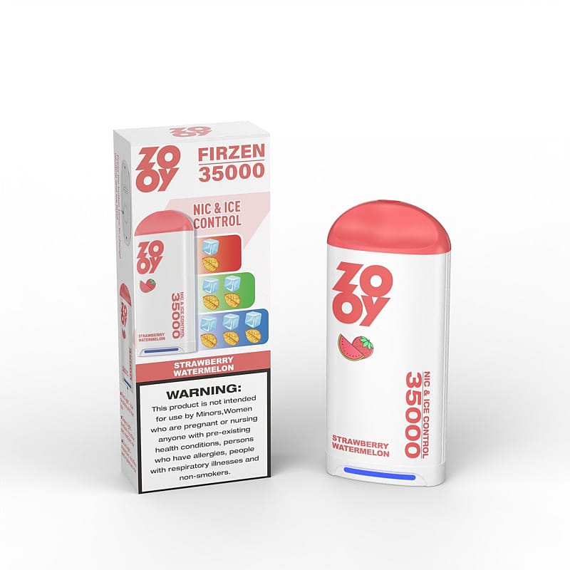 A vape device alongside its packaging labeled 'ZOZOY Firzen 35000' featuring a strawberry watermelon flavor with customizable nic and ice levels.
