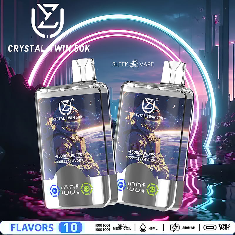 Two Crystal Twin 50K vape devices displayed against a futuristic, neon-lit backdrop with branding and descriptors like two flavors, dual mesh coil, and 50,000 puffs highlighted.