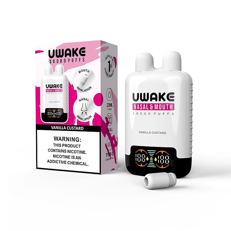 Immagine che mostra un dispositivo per l'inalazione nasale e orale del marchio Uwake con corpo bianco, etichettato con il sapore "Vanilla Custard", accanto alla confezione che evidenzia caratteristiche come la capacità di 23 ml di e-liquid, 30.000 boccate e un'avvertenza sulla nicotina che crea dipendenza.