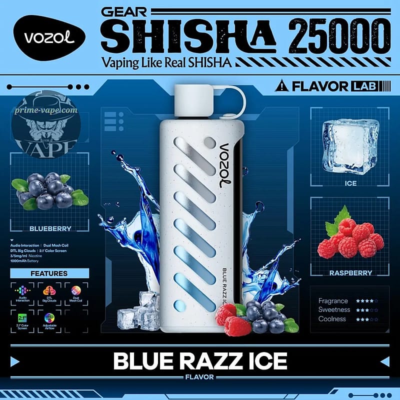 Promotional image for Vozol Gear Shisha 25000 featuring a vaping device with Blue Razz Ice flavor, emphasized by blueberry, raspberry, ice elements, and various features like dual mesh coil and color screen.