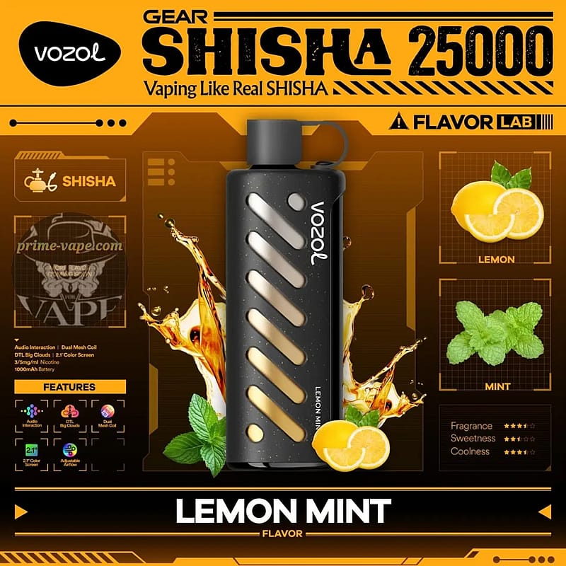 Promotional image for Vozol Shisha 25000 e-cigarette featuring Lemon Mint flavor, highlighting its black vape device design with flavor ratings and visual elements of lemons and mint leaves, set against a bold orange and black background.