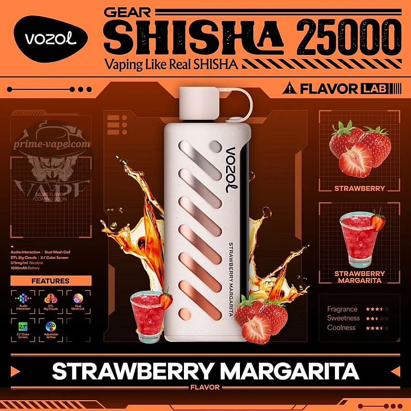 Advertising image for Vozol Gear Shisha 25000 vaping product with strawberry margarita flavor, featuring a large vaporizer, graphics of strawberries and a cocktail, and product details; orange and black color scheme.