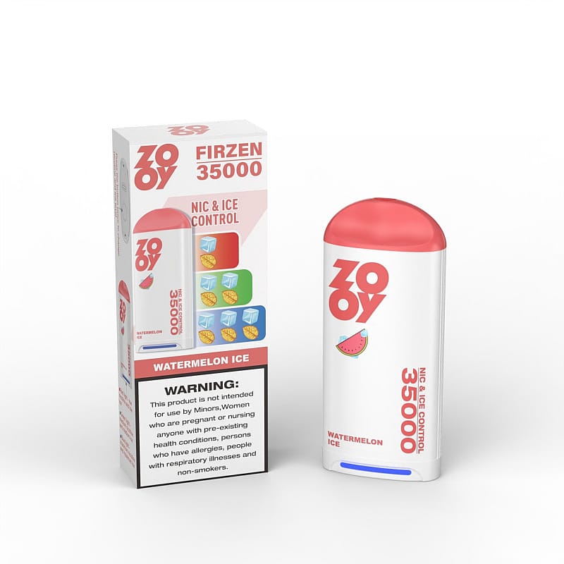 A vaporizer and its packaging labeled 'Zooy Firzen 35000' featuring watermelon ice flavor with nicotine and ice control, placed next to a warning about usage restrictions.