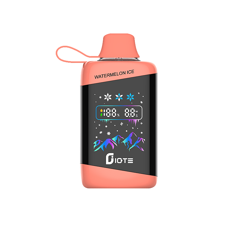 En e-vätskeflaska med issmak med vattenmelon med en digital display som visar 100% och 88w, med grafik med vintertema och en persikofärgad topp och bas.