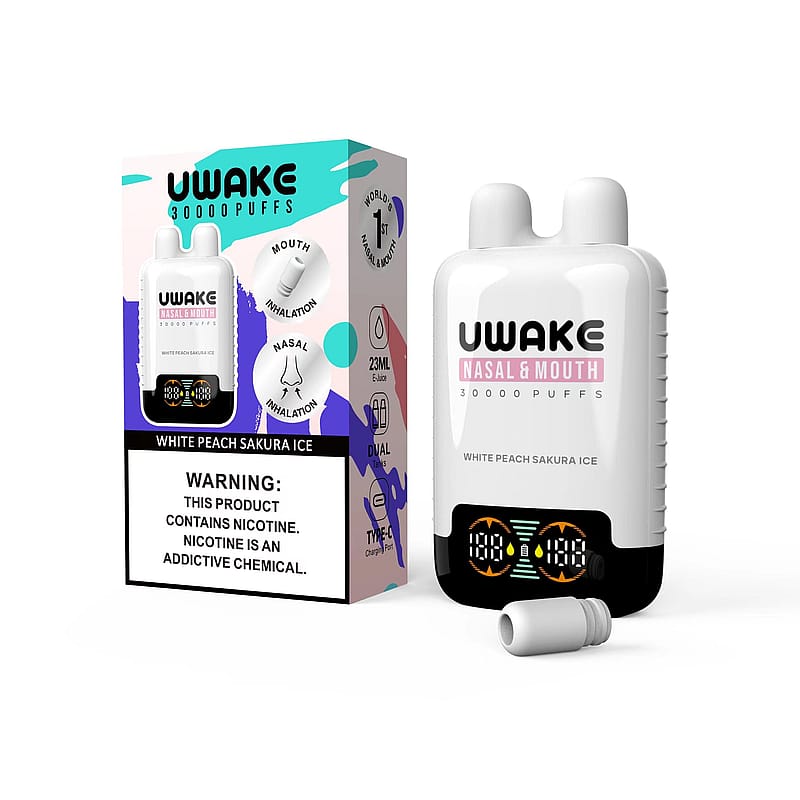 Un vaporizzatore Uwake e la relativa confezione per il gusto 'White Peach Sakura Ice', dotato di funzionalità di inalazione nasale e orale, esposti insieme a un'etichetta di avvertenza sulla nicotina.