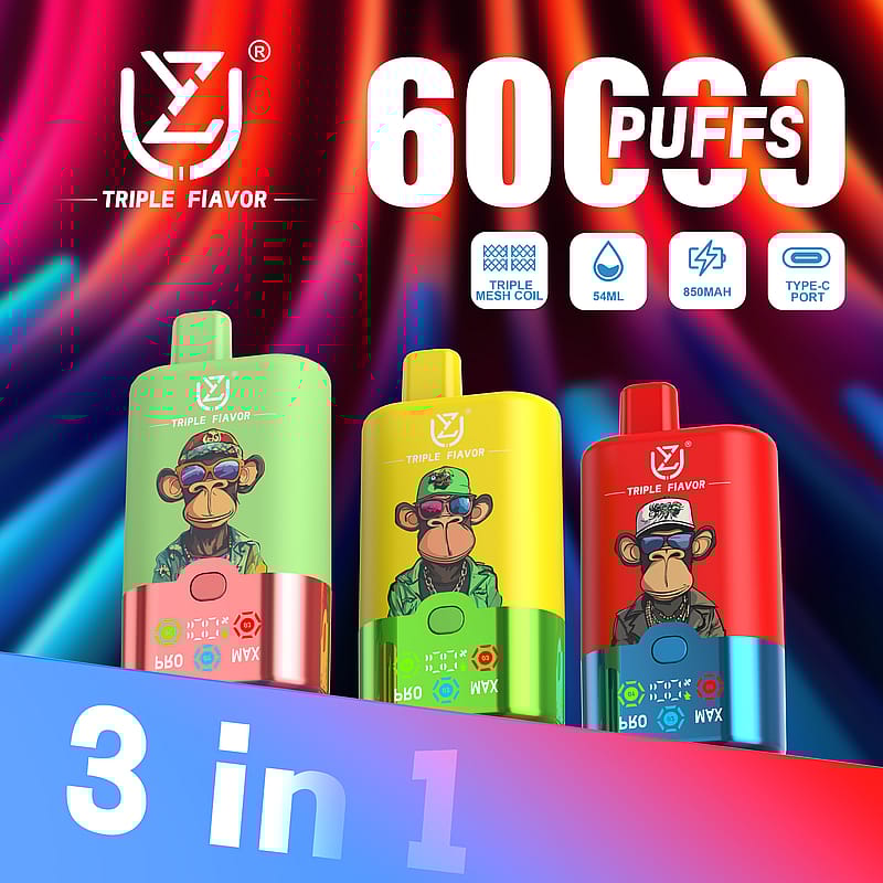 UZY Triple Flavor 60000 puffs Vape offers 0%,2%,3%，5% nicotine，3 in 1 flavors, 54mL e-liquid, triple mesh coil and smart LED display for a premium vaping experience.