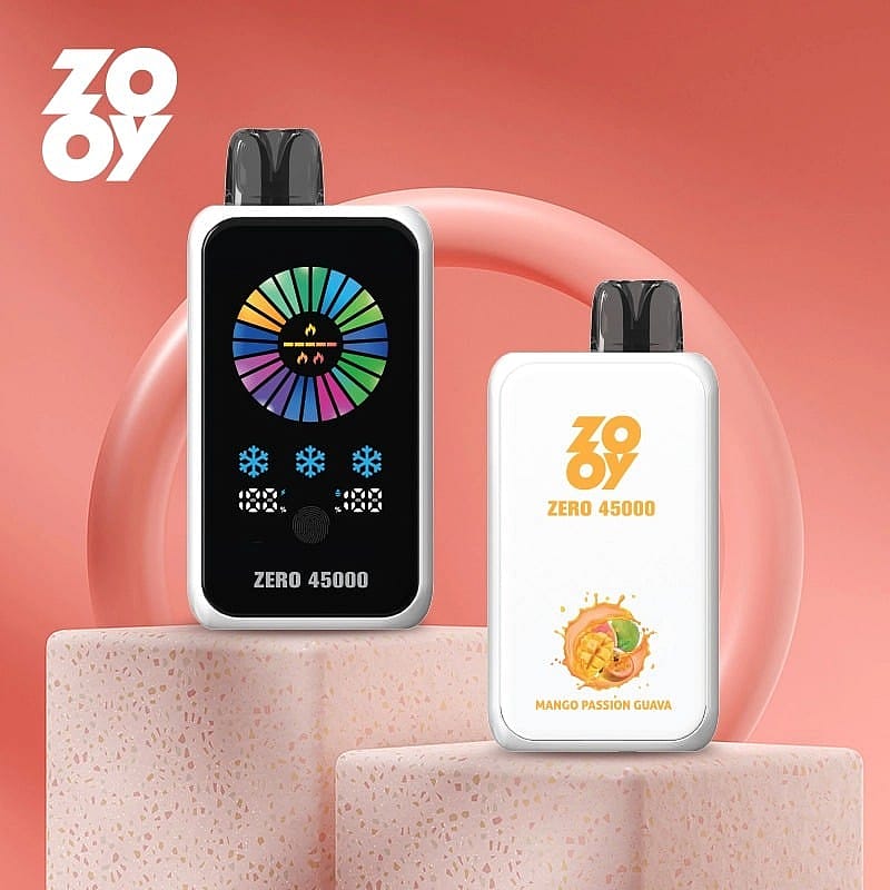Two Zooy branded vaping devices labeled "Zero 45000" positioned against a peach-colored background, one with a colorful graphic interface and the other displaying mango passion guava flavor.