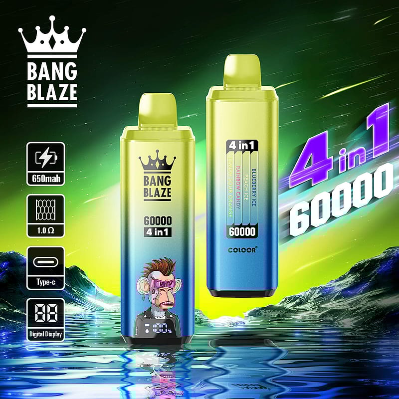 Promotional image featuring two Bang Blaze vaping devices labeled "4 in 1, 60000" against a vibrant aurora-like background with specifications including 650mAh, 1.0Ω, Type-C charging, and digital display highlighted beside them.