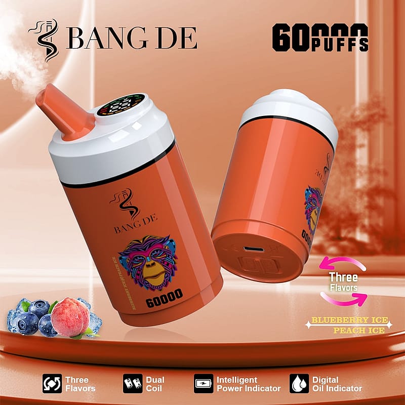 Promotional image of a Bang De brand vaping device in an orange finish with features such as 60,000 puffs, dual coil design, and flavor options including blueberry ice and peach ice. The device is showcased with highlighted details of its intelligent power and digital oil indicators.