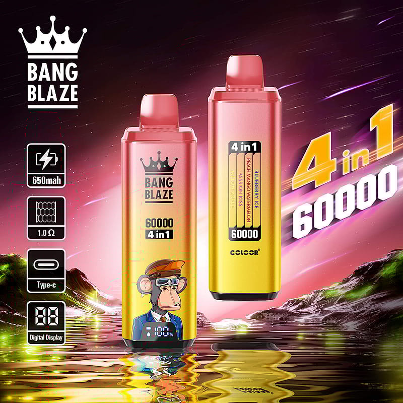 Promotional image of two brightly colored Bang Blaze 4 in 1 disposable vape models, featuring an artistic monkey graphic, 60000 puffs, water reflection effect, set against a vivid, cosmic landscape with product features highlighted including 650mAh battery and Type-C port.