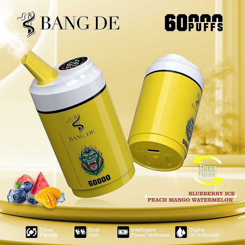 Promotional image of a yellow rechargeable disposable vape device by Bang De with a design featuring a gorilla graphic, highlighting features like 60,000 puffs, dual coil, an intelligent power indicator, and three flavors: blueberry ice, peach mango, and watermelon.