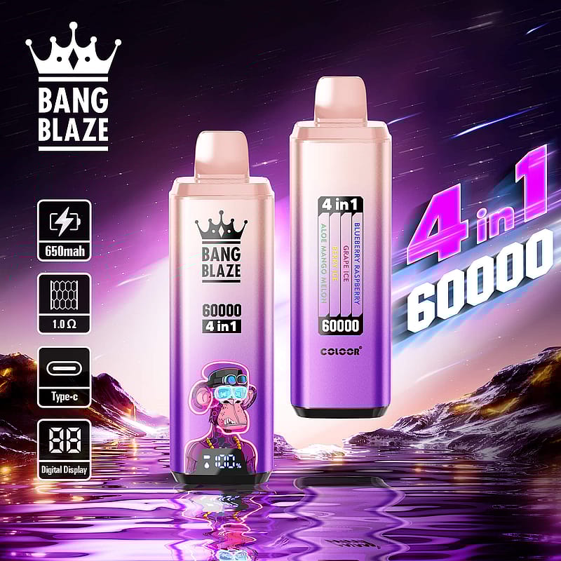 Promotional image featuring two Bang Blaze 4-in-1 rechargeable vape devices with a 650mAh battery, digital display, and flavor options displayed against a vibrant purple and orange scenic backdrop.