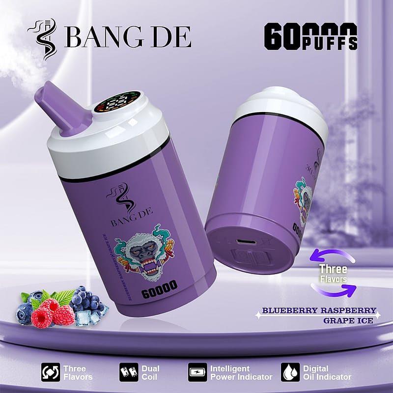 Promotional image of a purple Bang De vaping device with the capacity for 60,000 puffs, featuring three flavor options (Blueberry, Raspberry, and Grape Ice), and technical details like dual coil, intelligent power indicator, and digital oil indicator.