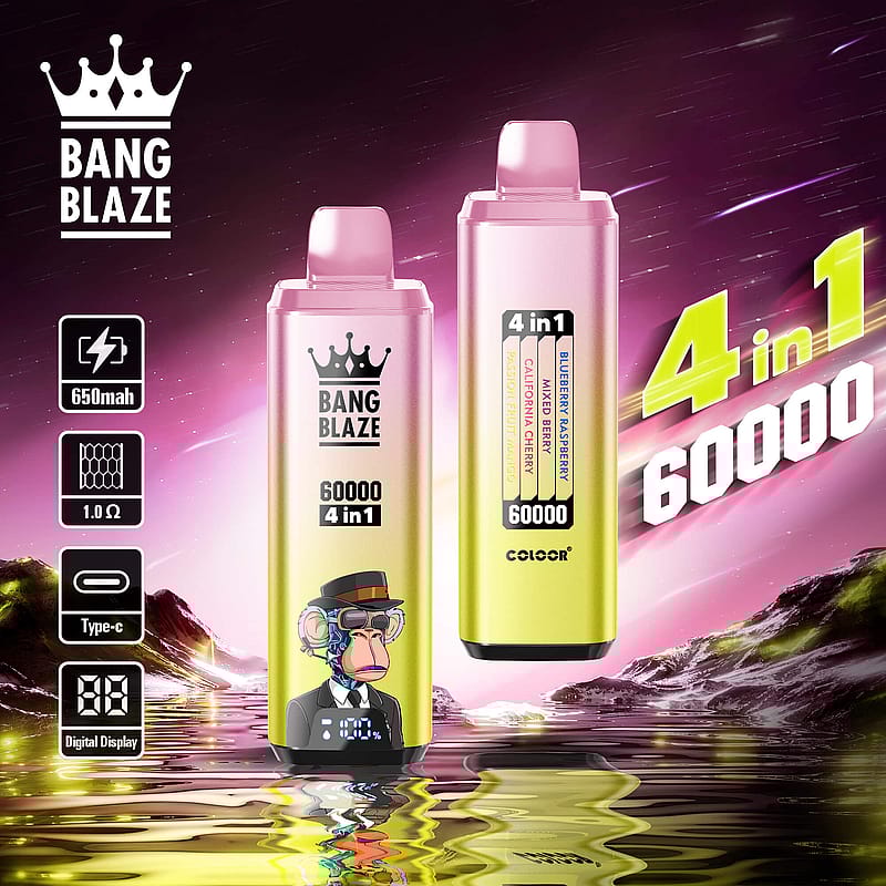 Advertising image of two Bang Blaze vape devices in a cosmic landscape, featuring specifications like 650mAh battery, 1.0 Ω resistance, Type-C charging, and digital display with flavors and 60000 puffs highlighted.