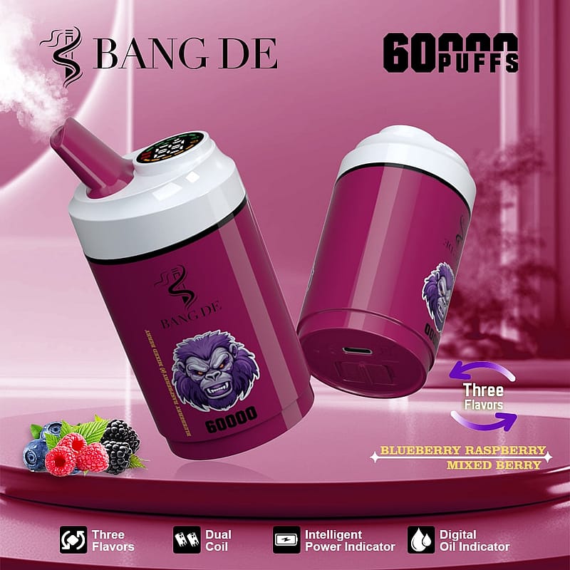 Marketing image of the Bang De vaping device advertising its 60,000 puffs capacity, triple flavor options (blueberry, raspberry, mixed berry), dual coil technology, and digital power and oil indicators, showcased against a pink background with berry illustrations.