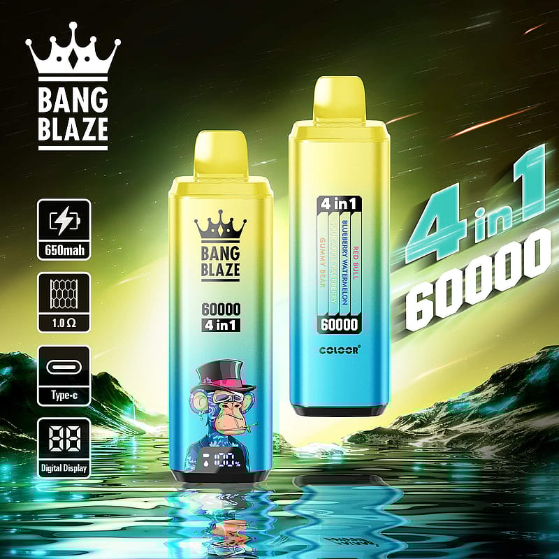 Two colorful electronic vaping devices labeled 'Bang Blaze 4-in-1 60000' with one showing a whimsical monkey illustration, displayed over a glowing background with water reflections and product specifics highlighted such as battery type and e-liquid flavors.