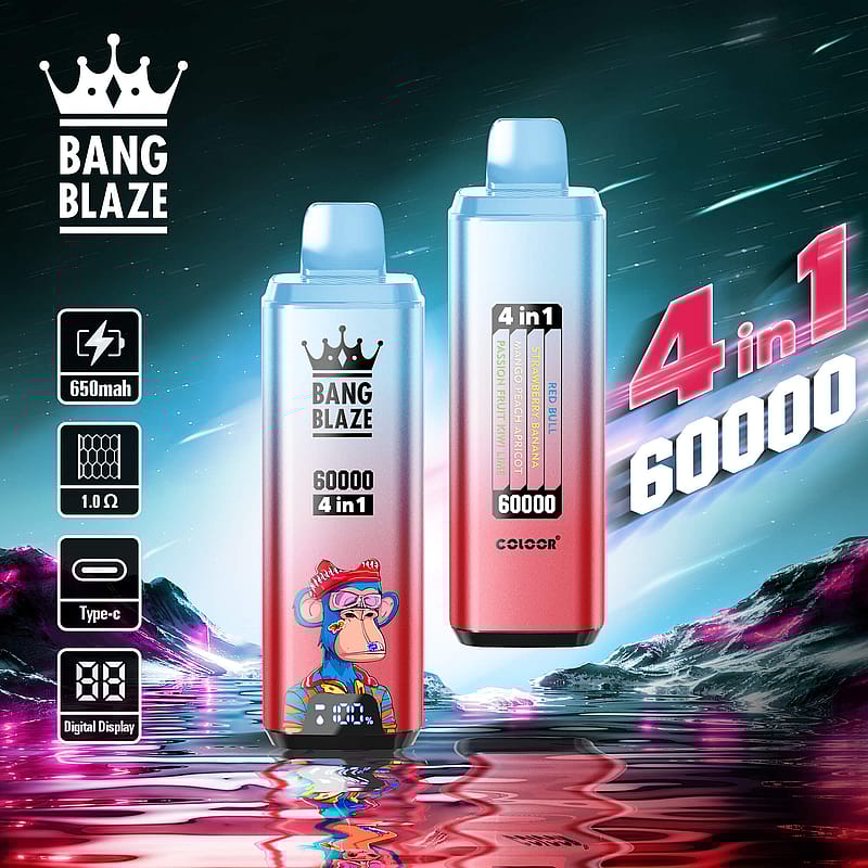 Two vape devices labeled "Bang Blaze 60000 4 in 1" with various flavors displayed against a vibrant background; featuring specifications like 650mah battery, Type-C charging, and a digital display.